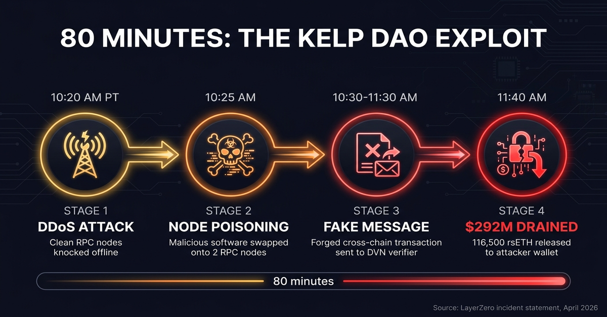 Kelp DAO $292M exploit attack timeline — 4 stages across 80 minutes