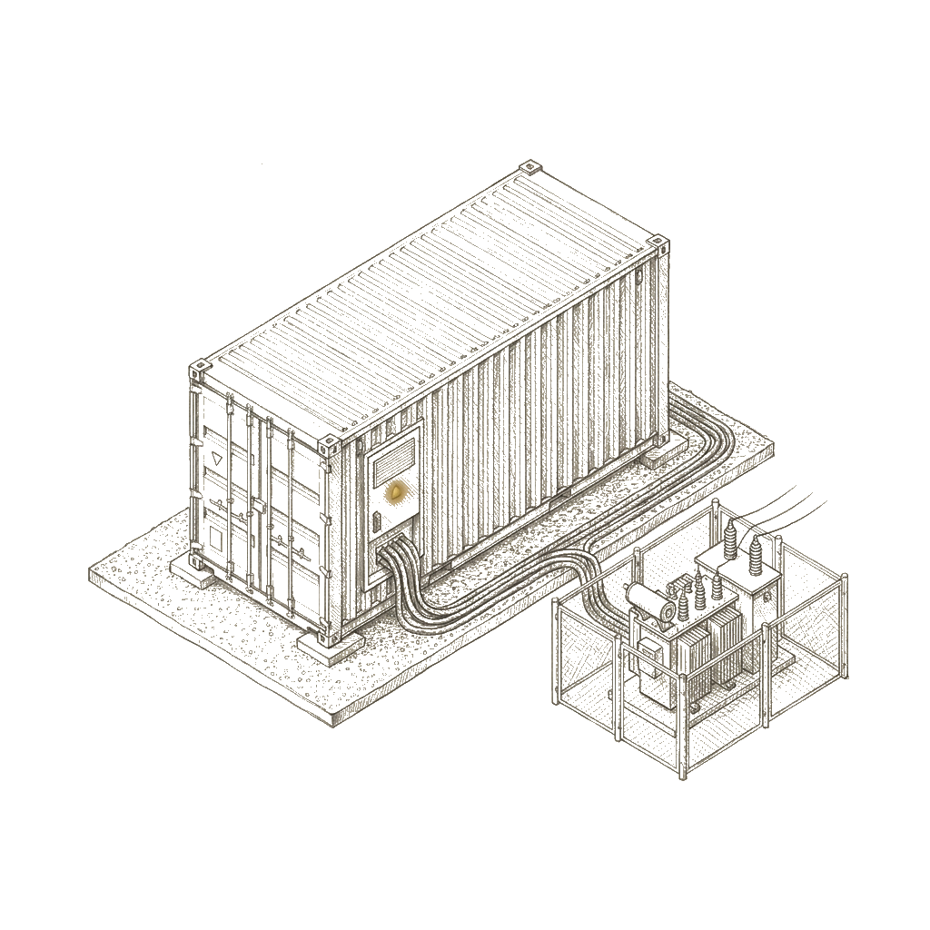 Pencil sketch of a stationary battery container in a Brașov industrial park