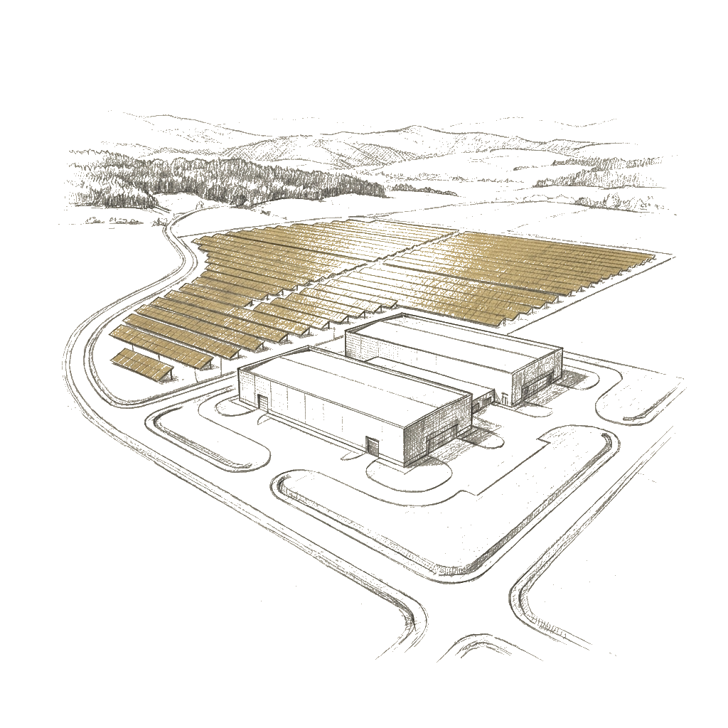 Pencil sketch of a clean-energy industrial park in Brașov with solar over rooftops