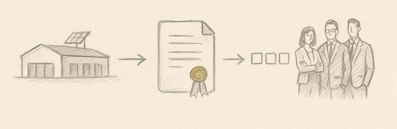 Pencil sketch: a real asset becomes a sealed SPV, tokenized interests, and investors